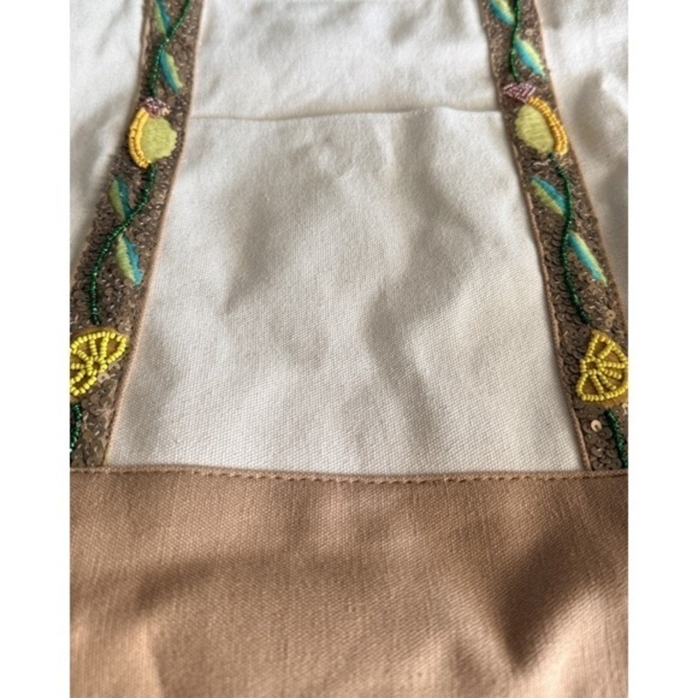 America & Beyond Beaded Lemon Canvas Tote Bag Cream Tan NWT - Picture 4 of 9